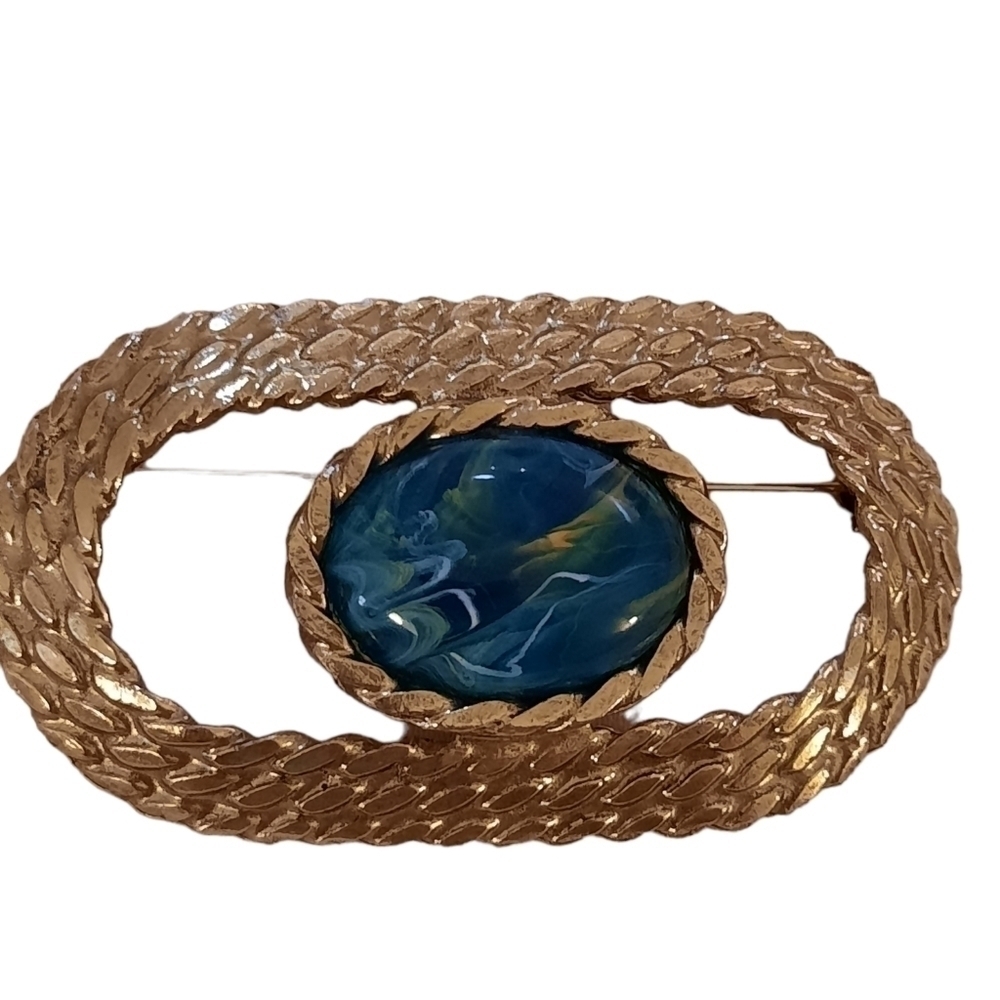 Vintage Gold Tone Buckle Green Cabochon Brooch